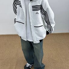 立领拼接条纹开衫外套女秋冬季美式复古休闲运动夹克上衣JK018，男装夹克，星座1116A（原606A-3）
