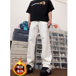 白色直筒牛仔裤男女秋冬加绒宽松垂感高级感拖地裤K8005-P46网图图片