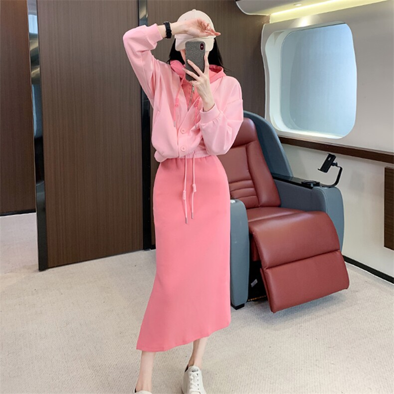 高级感时尚女秋季连帽卫衣收腰开叉半身裙两件套,女装套装/套裙,江南