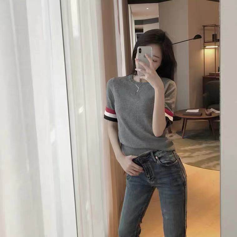 夏季圆领纯棉针织TB短袖女拼色三杠条纹T恤宽松显瘦套头半袖薄图片