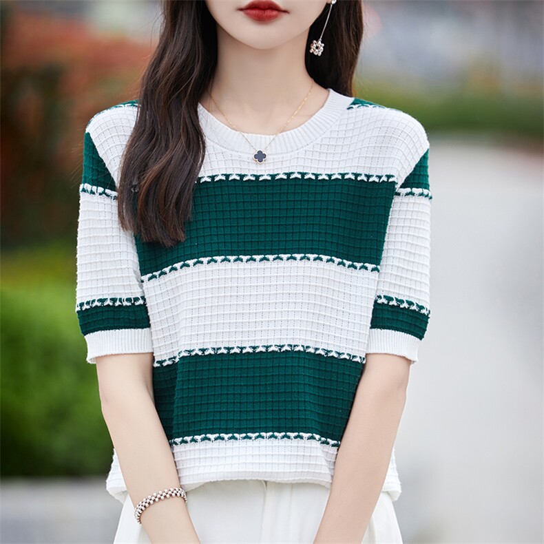 夏季新款纯棉针织短袖女圆领T恤宽松撞色条纹半袖薄款打底衫,女装T恤,秋双羊绒