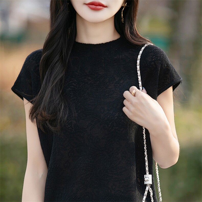 半高领镂空针织短袖T恤女桑蚕丝精纺羊毛衫宽松亮丝打底半袖上衣，女装T恤，佰米娇羊绒