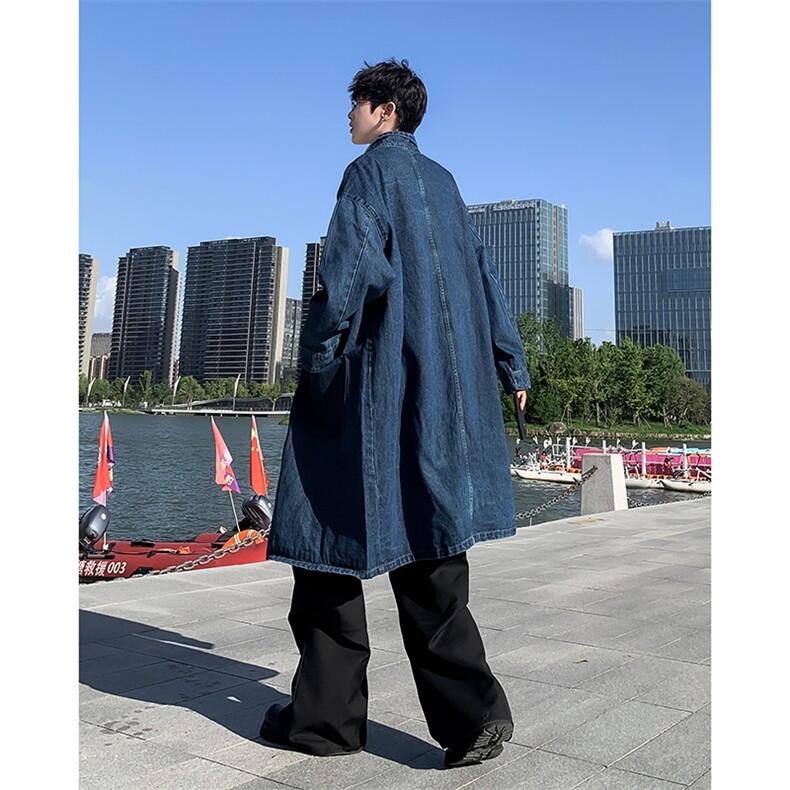 春秋季新款牛仔风衣中长款宽松潮牌港风工装外套,男装风衣,星座410-6（原星座1304-1）