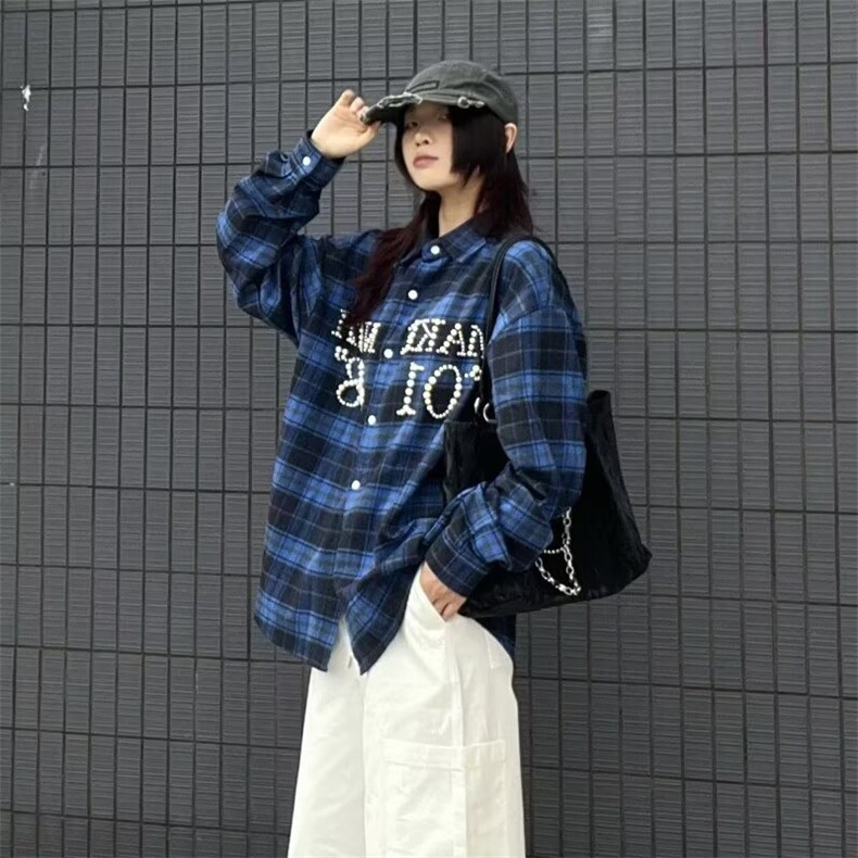 美式潮牌复古红色格子衬衫女春夏长袖防晒衬衣设计感宽松情侣外套,男装防晒衣,星座1210-1