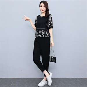 时尚休闲套装2022夏季新款韩版宽松大码女装两件套裤子，女装套装/套裙，素月