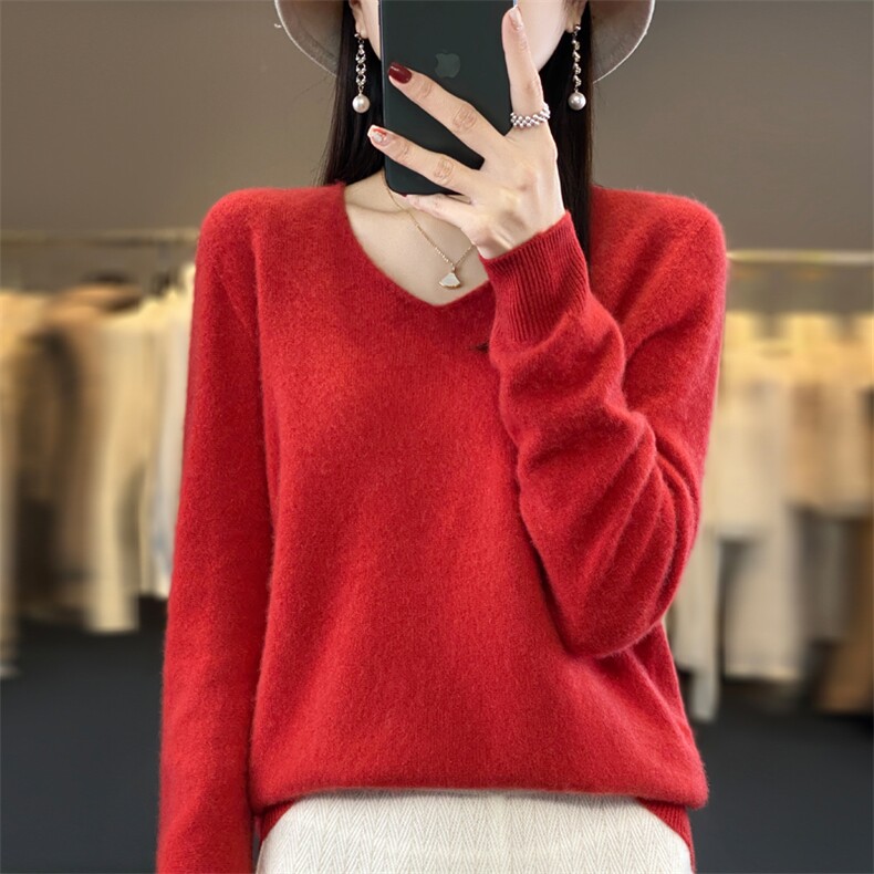秋冬新款100纯羊毛衫女V领纯色扭花元宝针宽松套头羊绒针织打底衫,女装羊毛衫,鲁菏羊绒