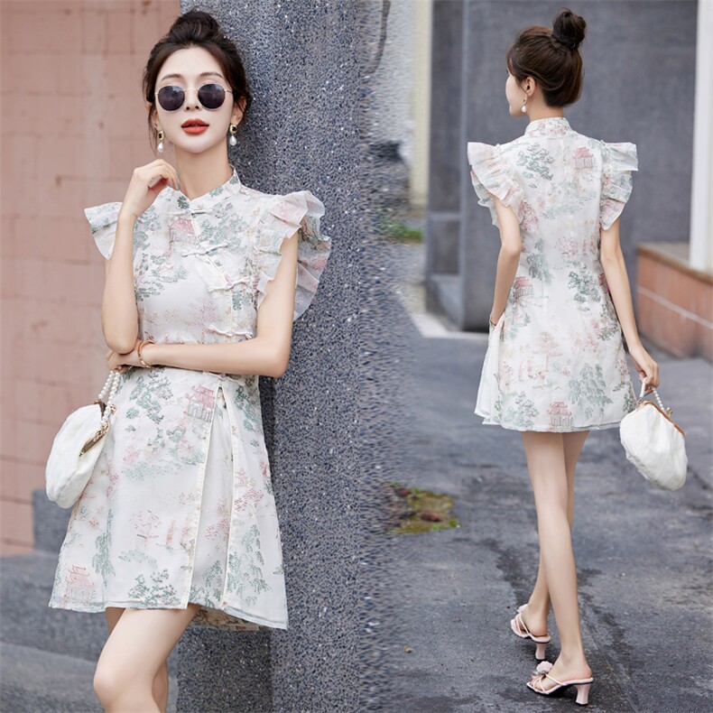 新中式盘扣立领欧根纱精致刺绣改良旗袍裙夏季气质温婉短款连衣裙，女装套装/套裙，韩然一族
