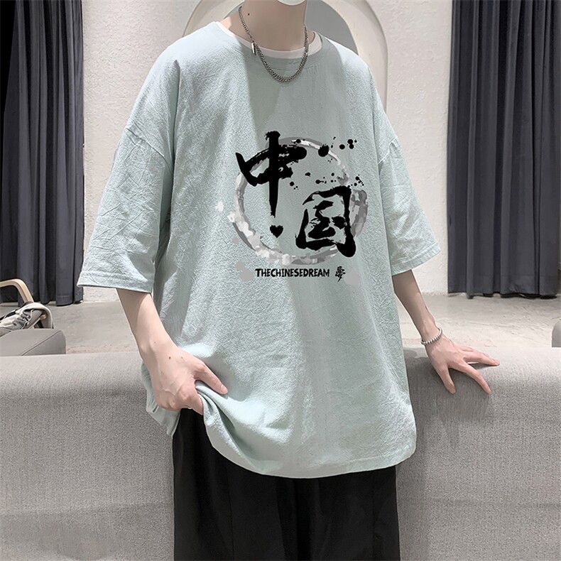 YT26134-P30亚短袖t恤男大码五分袖男宽松七分袖港风模特,男装T恤,电商A040