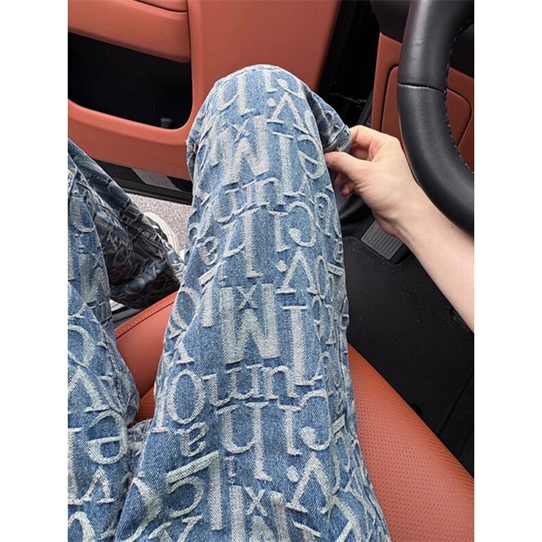 春秋美式复古满印牛仔裤男款新款设计感潮牌vibe修身弯刀微喇裤子,男装牛仔裤,四季星座505