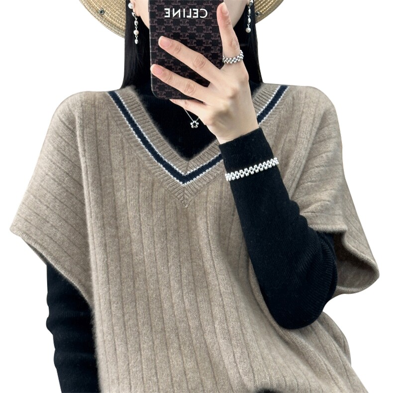 100%羊毛衫马甲背心女秋冬新款V领宽松拼色无袖毛衣羊绒针织坎肩,女装马甲,琳华羊绒
