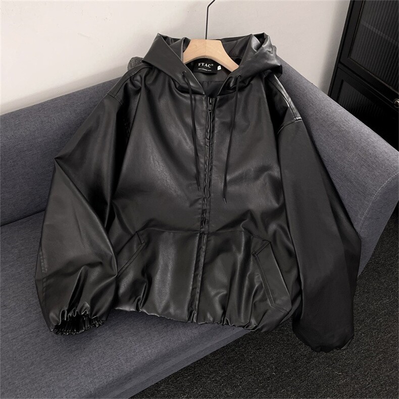 高级感连帽PU皮衣外套工装痞帅廓形机车骑行服夹克男LHY2266-P73图片