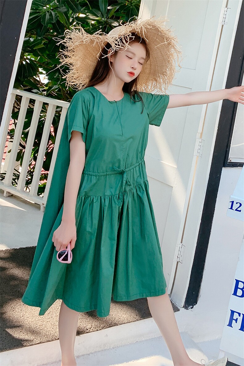 4.18号出货主推款！抽绳收腰褶皱纯色连衣裙1307-0829,女装连衣裙,拾菱
