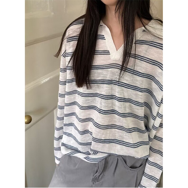 夏季薄款撞色条纹针织长袖T恤男女宽松休闲慵懒防晒上衣T5607,男装防晒衣,星座1116A（原606A-3）