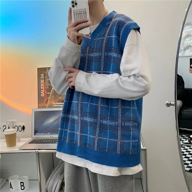 港风复古格子毛衣马甲男女毛衣背心M0122P40,男装背心/马甲,星座1116-2