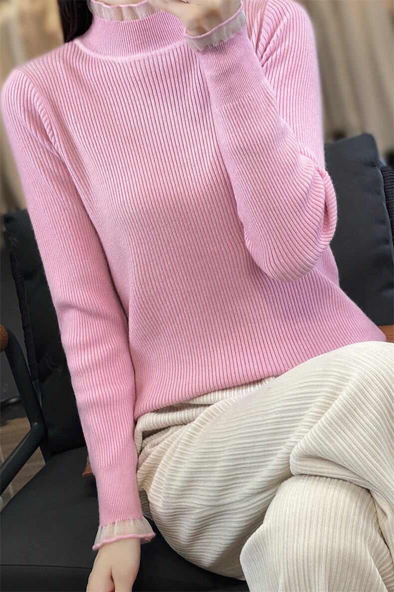 秋季新款简约女高领针织衫修身显瘦百搭打底衫舒适保暖长袖上衣,针织衫/毛衣,思牵羊绒