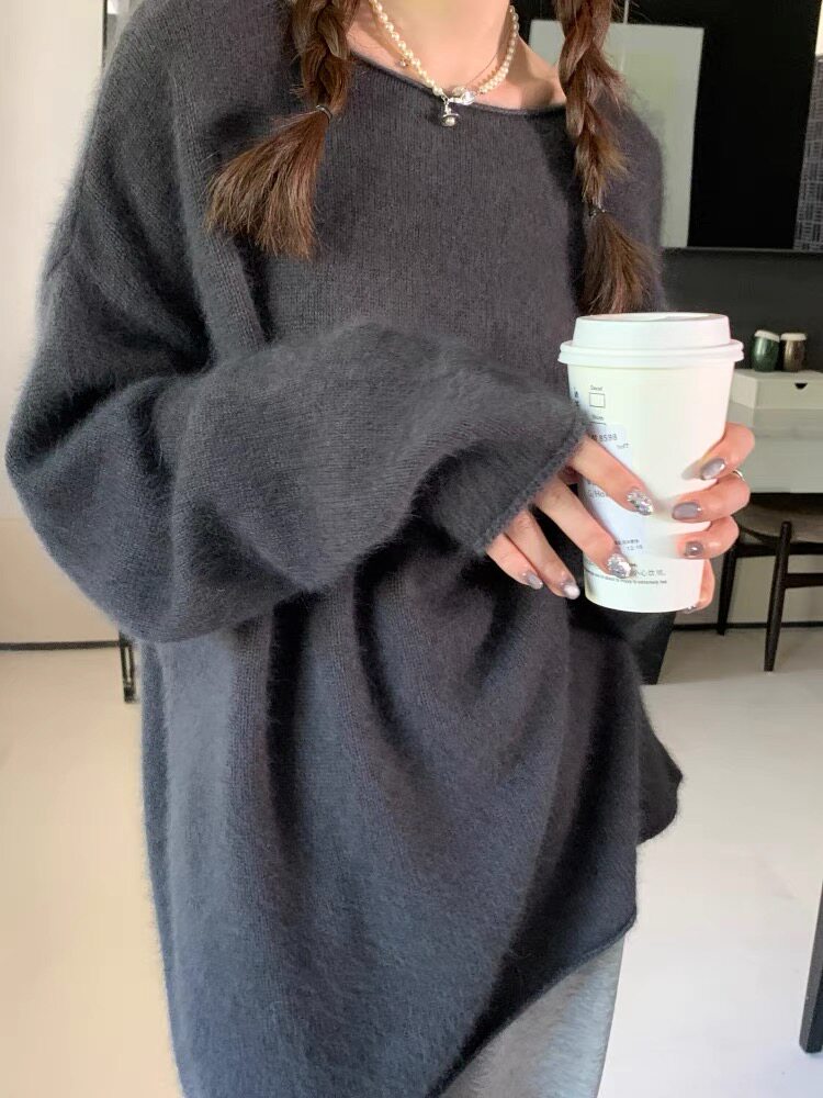 秋冬羊毛针织衫女一字领中长款宽松纯色打底衫图片