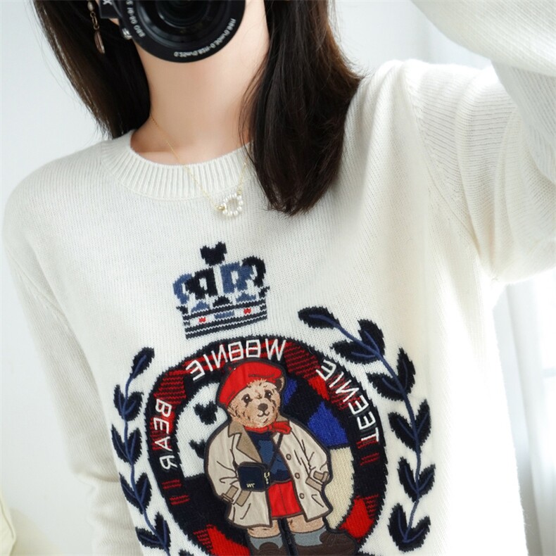 时尚女装可爱熊图案宽松针织衫甜美百搭圆领毛衣,针织衫/毛衣,大美人包芯纱店