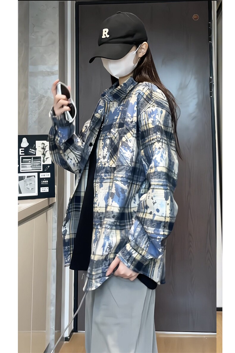 2025春秋新款美式刺绣仿扎染长袖衬衫格子衬衫CS3557特批50-控88,男装衬衫,星座810(原QT5070)