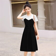 法式复古拼接假两件连衣裙女2024新款夏季宽松显瘦气质减龄吊带裙，女装连衣裙，江南富贵女
