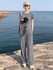 时髦洋气亮闪闪重工阔腿裤套装女夏季慵懒风修身显瘦短袖两件套潮，女装套装/套裙，江南