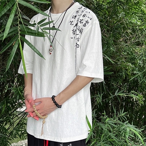 2025夏季新款书法刺绣圆领棉麻T恤衫T062-P35图片