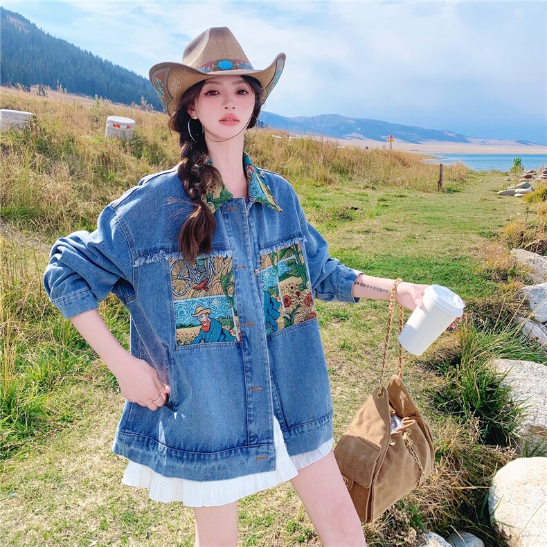 2026春新品油画图案拼接牛仔外套2C375-582-p155-K238,女装短外套,2C375