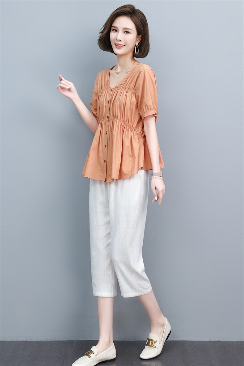 短袖套装女夏设计感2022新款妈妈遮肚子百搭七分裤时尚棉麻两件套,女装套装/套裙,涵誉