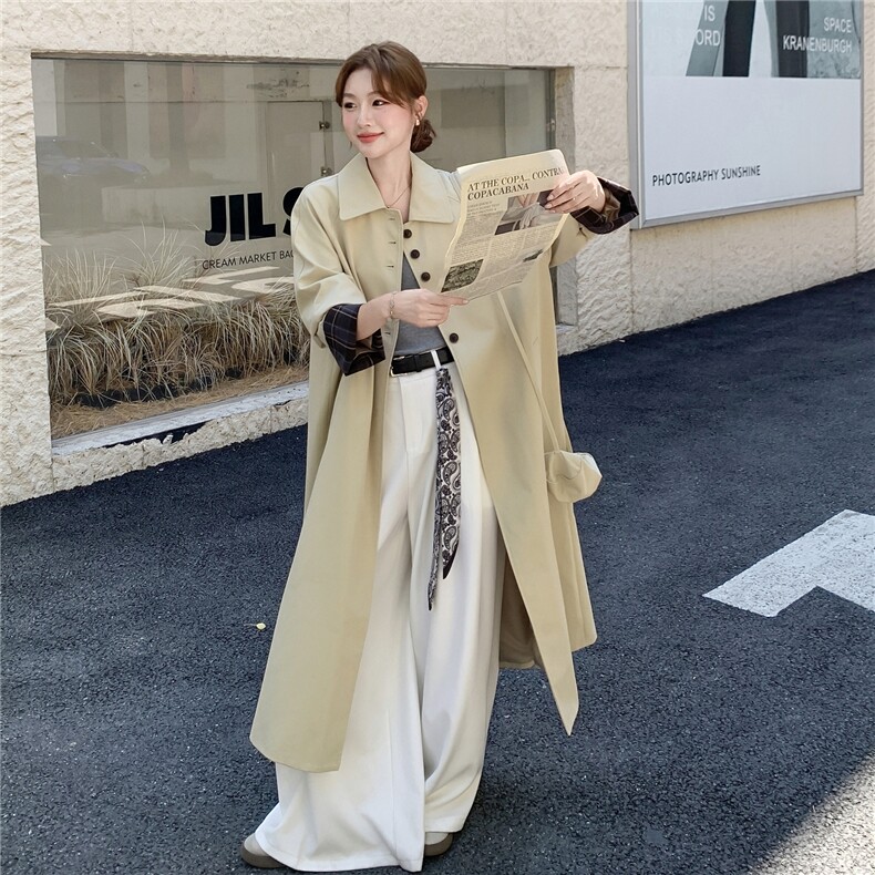 气质高级感风衣外套女款2025秋季赤本风韩系减龄中长款卡其色大衣,女装风衣,2C325