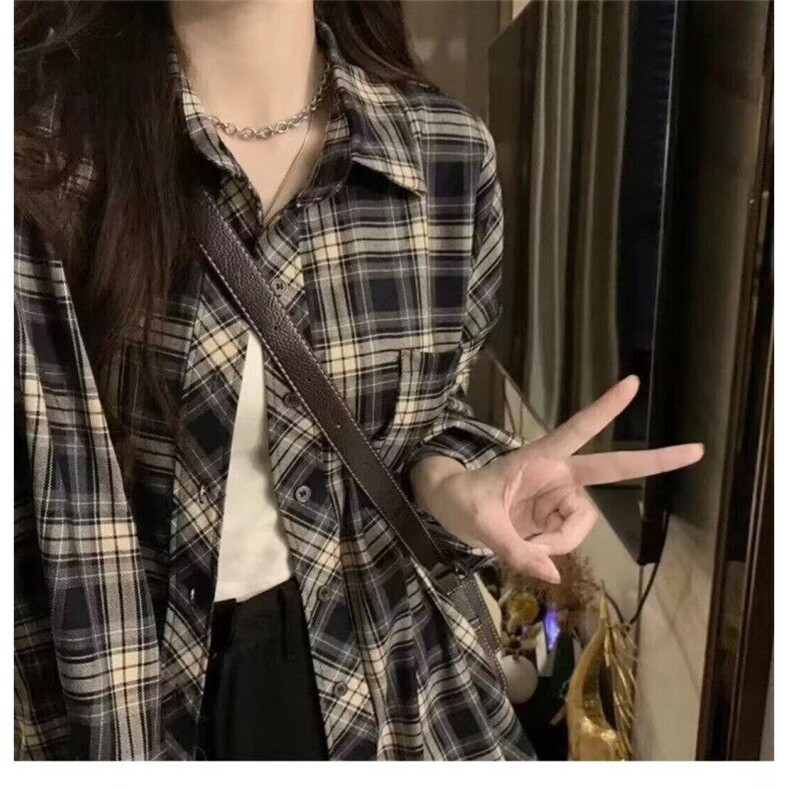潮撞色格子衬衫男女款春秋季2025新款宽松休闲长袖百搭衬衣复古,男装衬衫,星座506A
