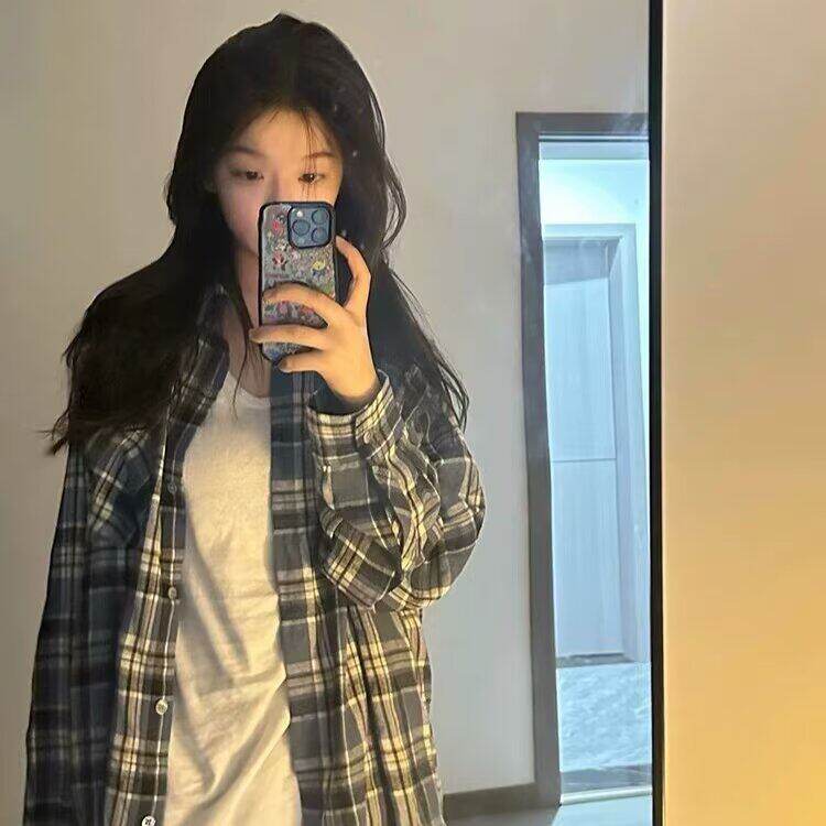 春秋季蓝色毛边长袖格纹宽松衬衫男女美式复古上衣休闲百搭外套潮图片