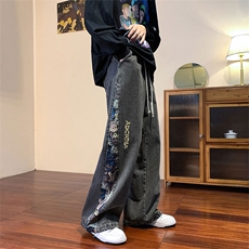潮小熊拼接刺绣牛仔裤男嘻哈痞帅宽松直筒大码裤子XK66133特p35，男装牛仔裤，电商A042