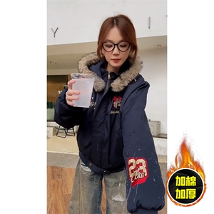 现货高品质美式高街重磅刺绣座山雕大毛毛领棉衣男女加厚棉服外套图片