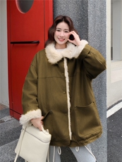 姜黄色羊羔毛拼接派克服女2025冬季新款韩系皮毛一体加绒加厚棉服，女装短外套，2B156