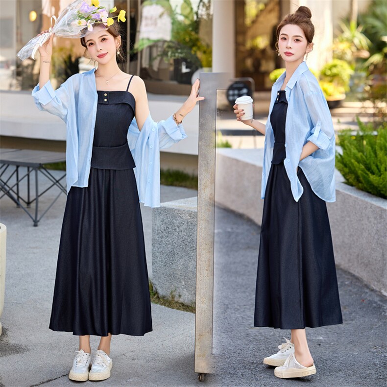2025年春季新款时尚气质显瘦吊带连衣裙牛仔衬衣套装收腰显瘦长裙，女装套装/套裙，意芙