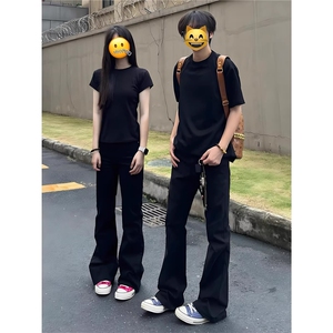现货 情侣款黑色微喇提档版型显瘦牛仔裤男款春季cleanfit裤子潮图片