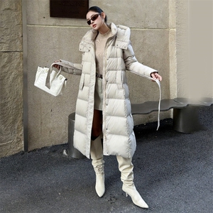 现货过膝羽绒服女加厚2026年冬季新款韩版收腰时尚保暖白鸭绒外套图片