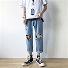 港风乞丐破洞裤男士牛仔裤潮流宽松九分裤潮牌百搭休闲裤s08-p35，男装牛仔裤，星座1008-2
