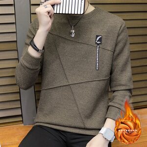 冬季加厚保暖长袖卫衣男外贸打底衫羽毛带圆领套头灰735加绒图片
