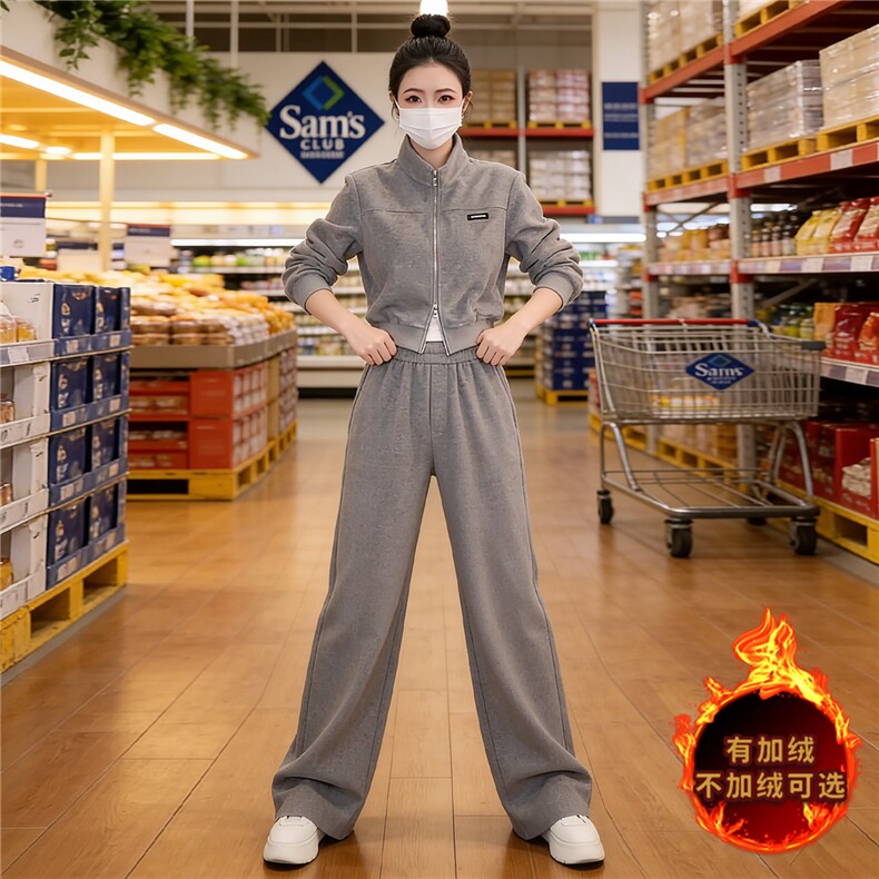 时尚套装女秋冬款洋气减龄宽松显瘦拉链开衫外套阔腿休闲裤两件套图片