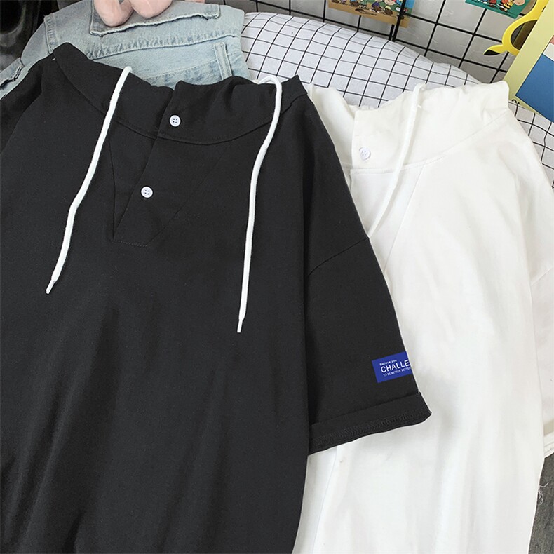 LD54062-P45连帽短袖t恤男大码胖子带帽五分袖中袖,男装T恤,电商A040