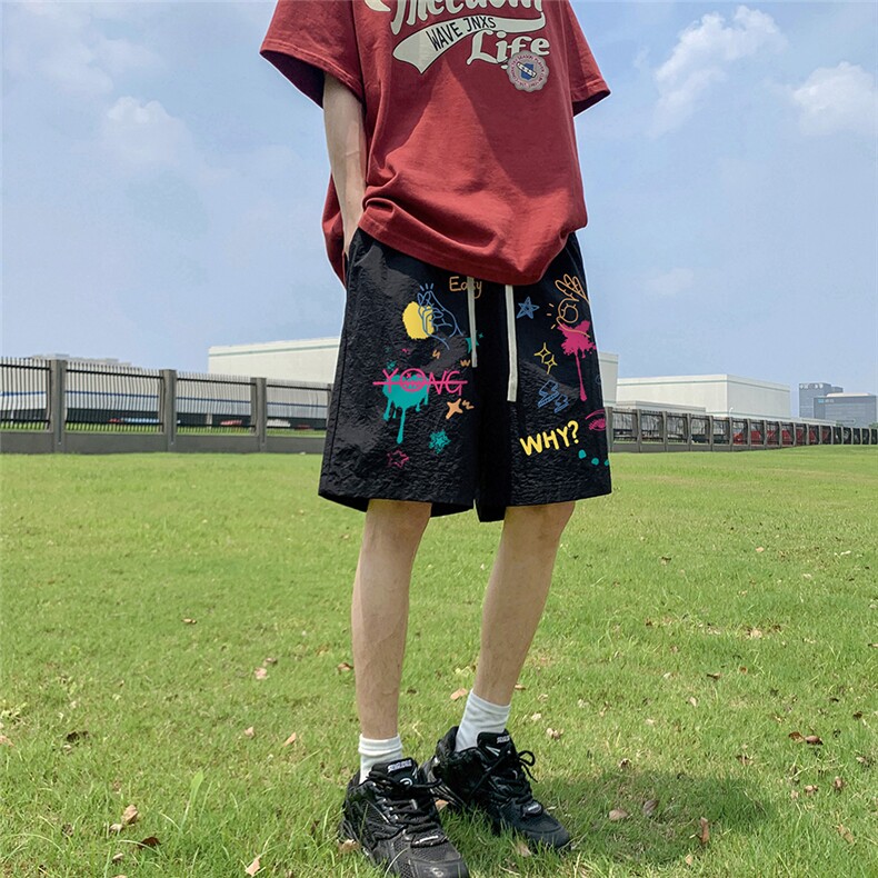 港风新款夏季时尚百搭宽松印花松紧腰短裤五分裤A6252P25控38,男装牛仔裤,电商A268A