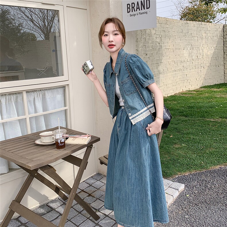 高级感蕾丝拼接牛仔衬衫套装裙女2025夏新款高腰显瘦半身裙两件套图片