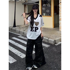 T198-P36美式运动t恤女夏季穿搭豹纹爱心球衣短袖复古，男装T恤，电商B323A