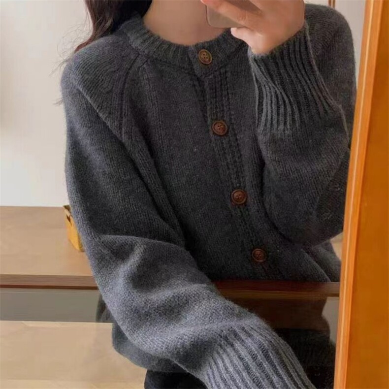 优雅法式插肩圆领羊毛开衫简约百搭显瘦毛衣外套,女装羊毛衫,泰沅羊绒