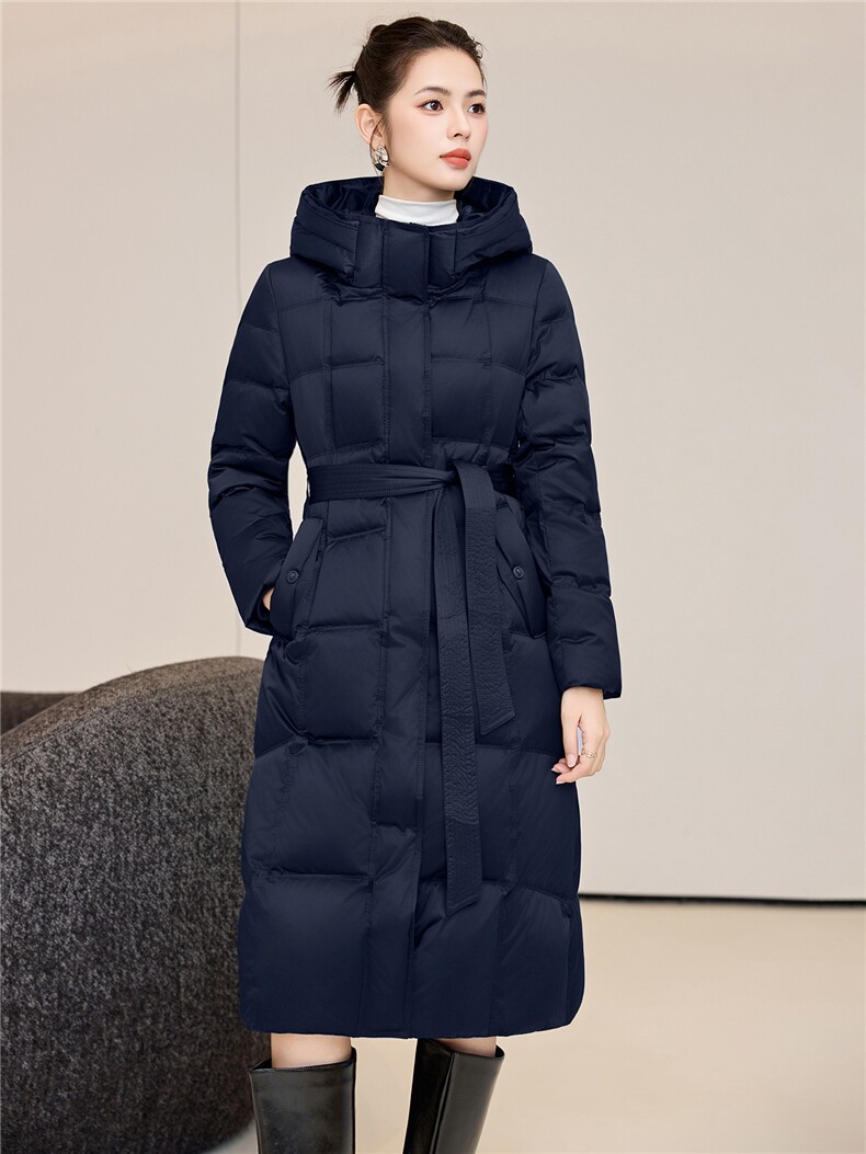 90鸭绒连帽羽绒服女2025冬季新款系带收腰加长款过膝棉袄外套,女装羽绒服,阿舍尔精品