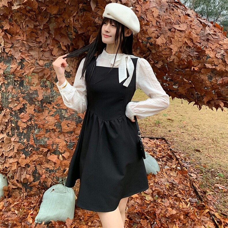 现货2024年春女时尚甜美法式蝴蝶绑衬衫网红气质显瘦背心裙两件套,女装套装/套裙,煊芮熙