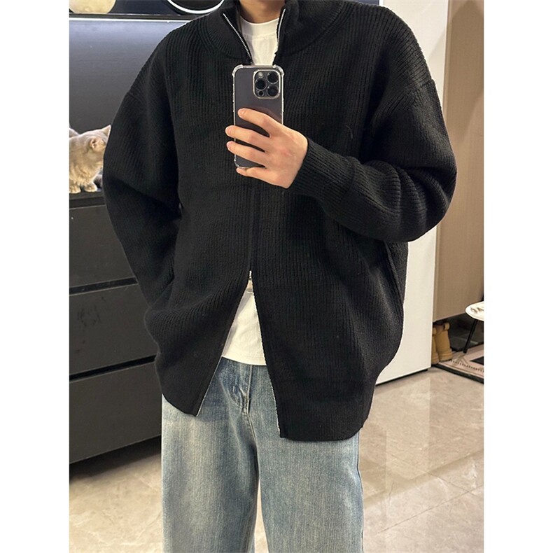 重磅秋冬北极绒双拉链毛衣开衫美式复古休闲慵懒风宽松针织衫外套，男装针织衫/毛衣，电商A486