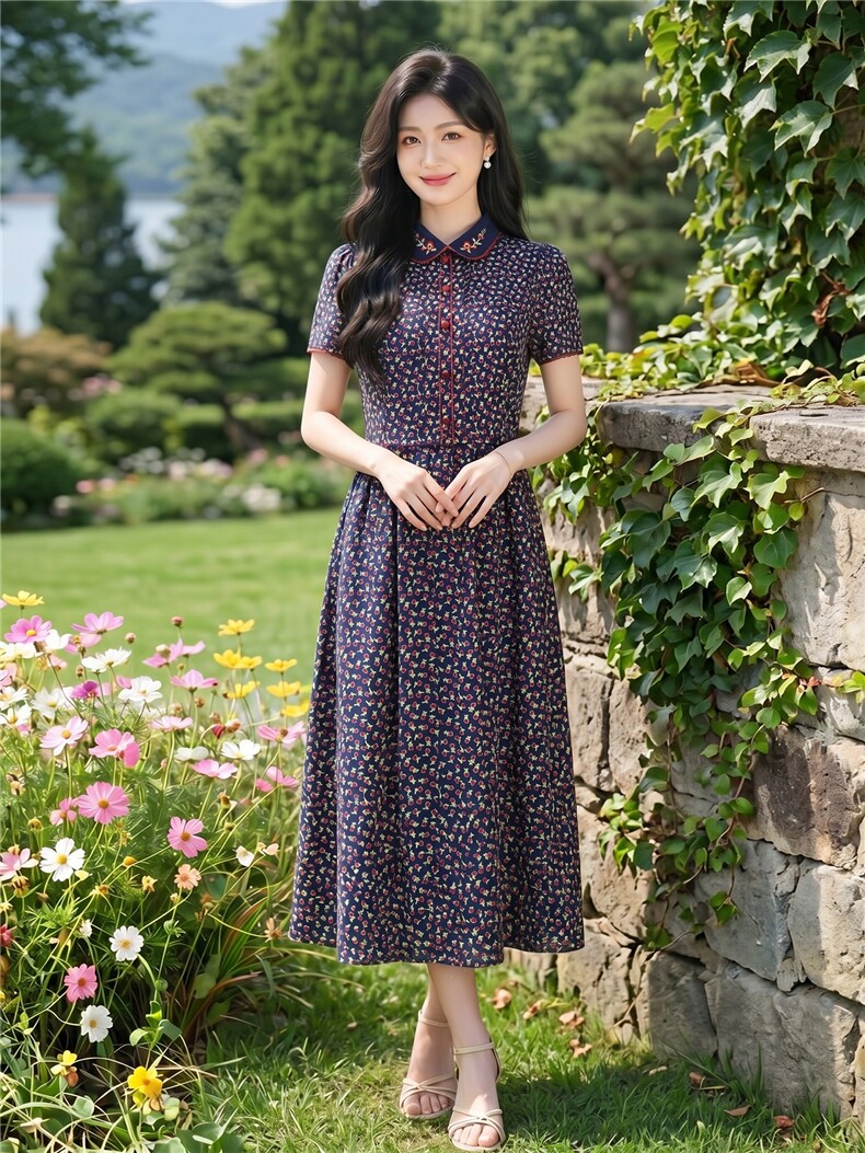 田园风碎花刺绣连衣裙女春夏收腰显瘦中长裙,女装连衣裙,水衣源