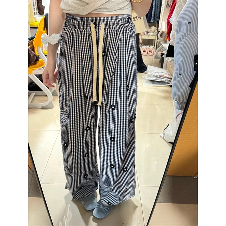 刺绣花朵格纹阔腿裤女夏季新款设计感宽松百搭休闲裤A9013-P52,男装休闲裤,星座208-5