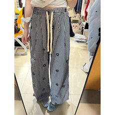 刺绣花朵格纹阔腿裤女夏季新款设计感宽松百搭休闲裤A9013-P52，男装休闲裤，星座208-5